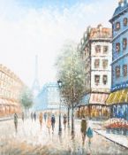 After Caroline Burnett (1877-1950), a Parisian Street Scene with the Eiffel Tower, oil on canvas.