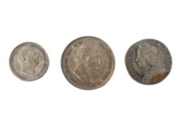 Three coins: 1834 shilling; 1757 sixpence;