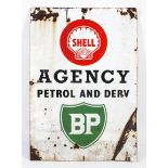 A Shell and BP Agency Petrol rectangular enamel advertising sign.