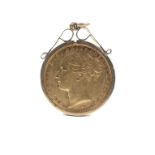 A late Victorian full sovereign mounted in a 9ct gold pendant. Dated 1885.