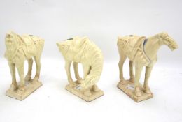 Three ceramic glazed Tang style horses, marked to the bases,