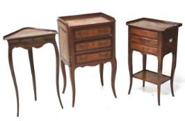 A 20th century corner table and two three drawer cabinets.