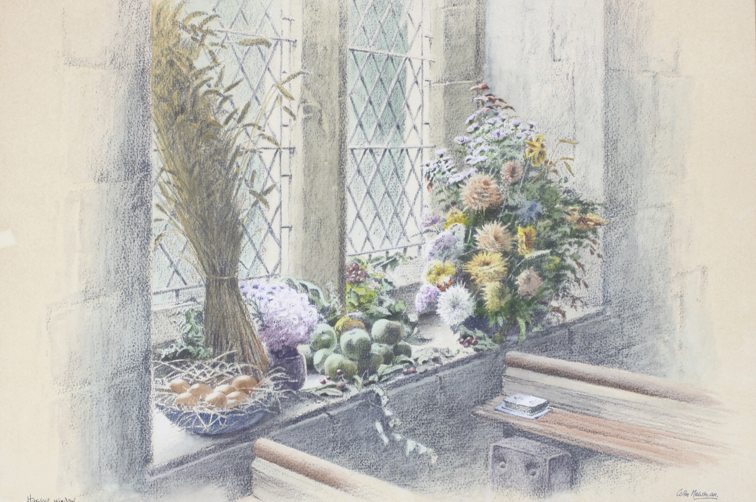 Colin Newman (born 1923), still life of fruits and flowers, titled 'Harvest Window', - Image 3 of 3