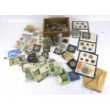 Assorted world coins and banknotes.