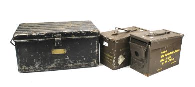 Three vintage metal military boxes.