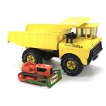 A Tonka toy tipping truck and a Tri-ang Minic plough.