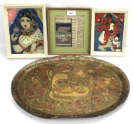 Three Indian paintings and an Indian papier mache tray.