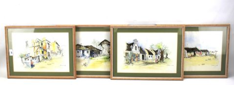 A set of four South African pen and watercolour drawings.