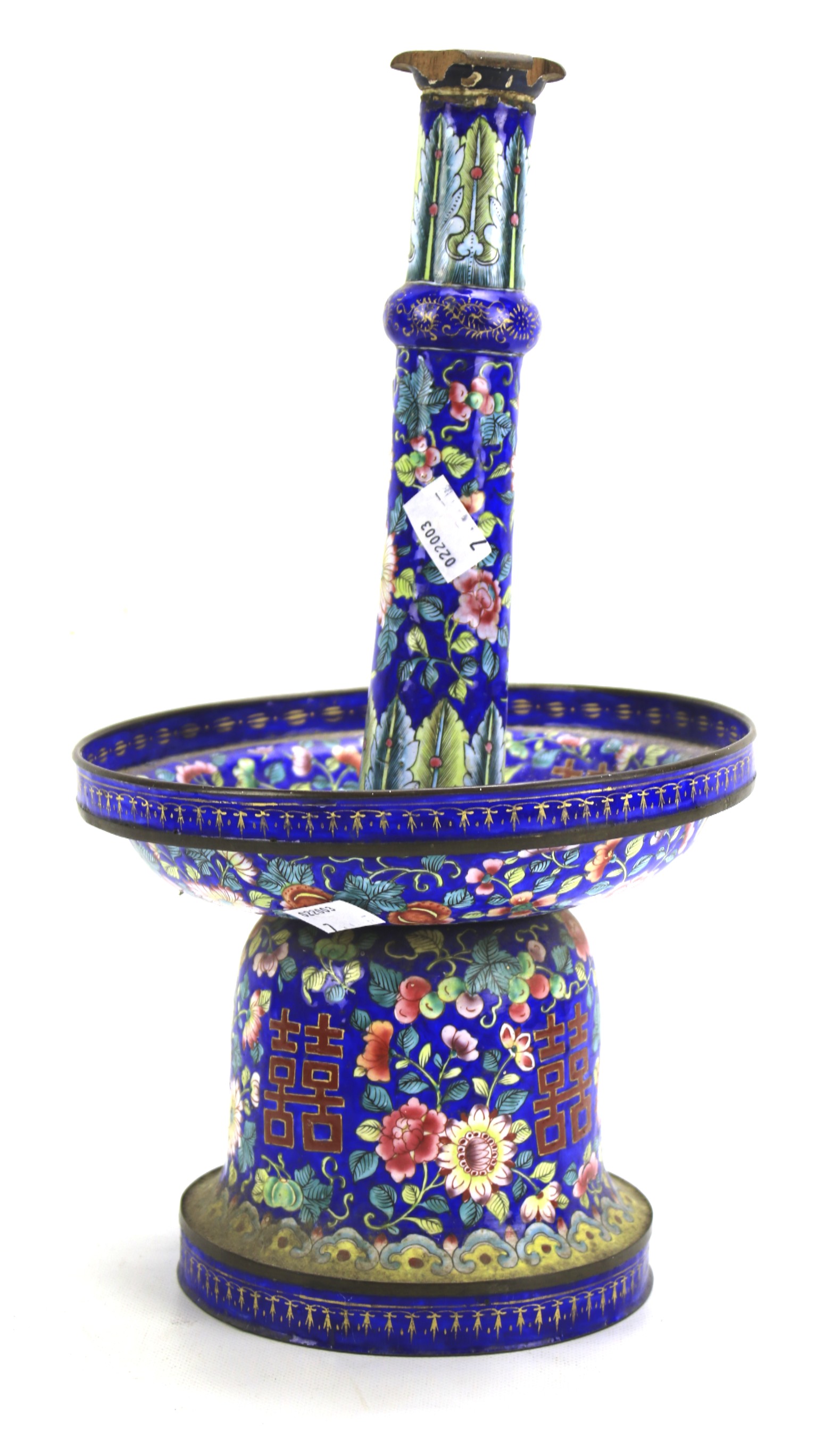 A Chinese enamel prick candlestick.