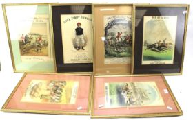 An assortment of prints featuring scenes of horse riding and hunting.
