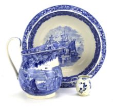 A Wedgwood pitcher and bowl set together with a Delft cream jug.