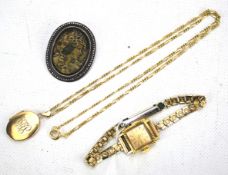 A watch and three jewellery pieces, some gold.