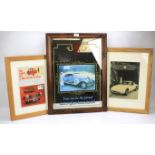 A mid century wooden mounted Rolls Royce mirror and two car advertising prints.