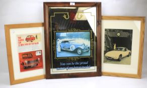 A mid century wooden mounted Rolls Royce mirror and two car advertising prints.