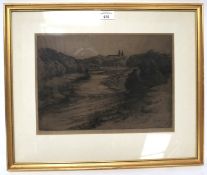 Alec Fraser, a signed engraving depicting a country riverside scene with church.