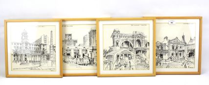 Four ink drawings depicting traditional locations.