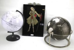 Two contemporary globes and a Art Deco style framed picture.