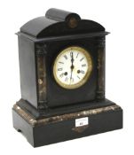 A Victorian slate and marble mantel clock with key.