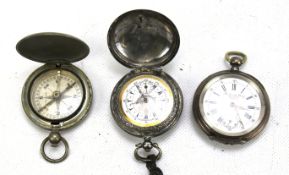 Two silver pocket watches and an American compass.