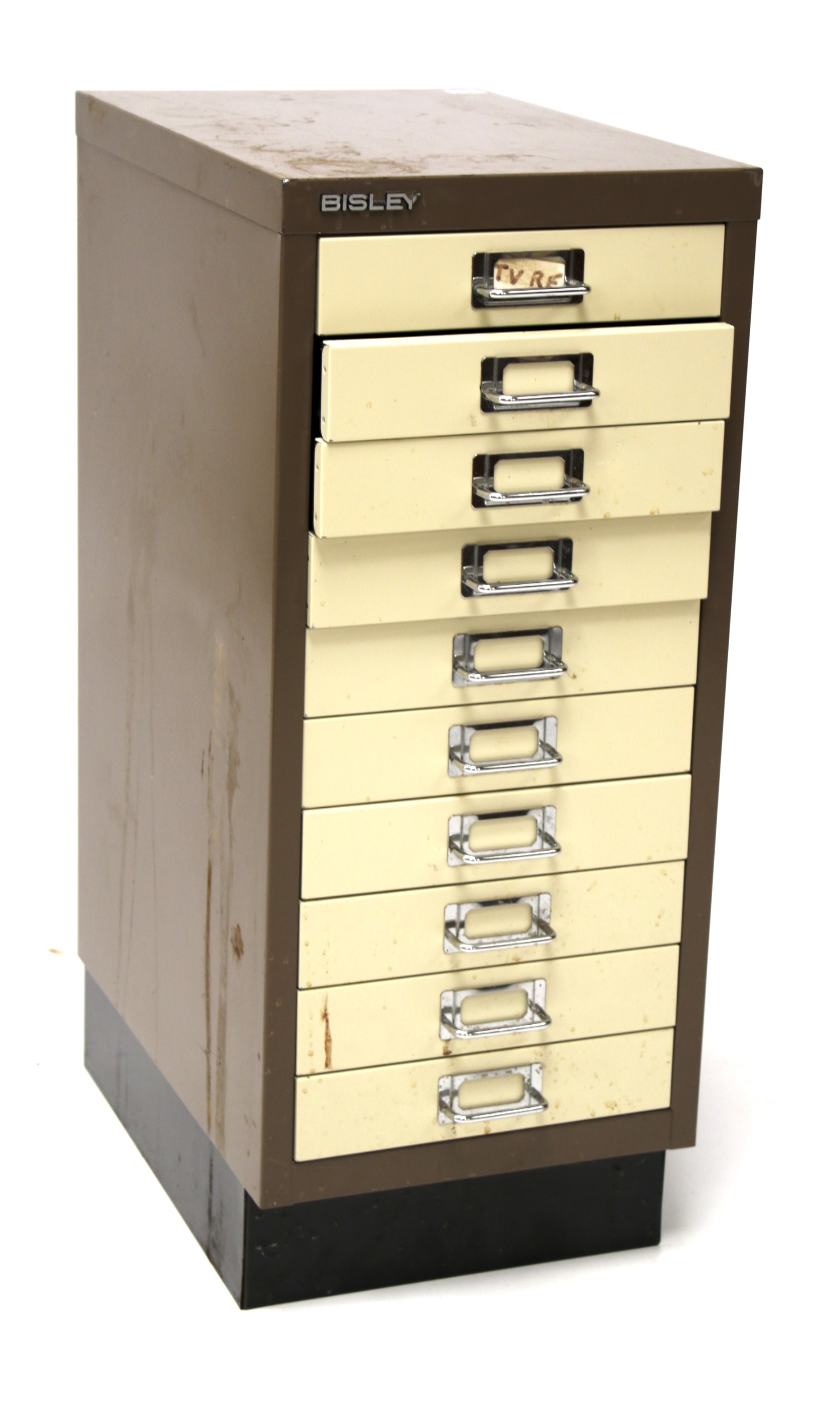 A Bisley ten-drawer filing cabinet.