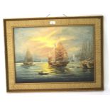 Mid-20th century school, Eastern maritime scene. Oil on board depicting Chinese Junks under sail.