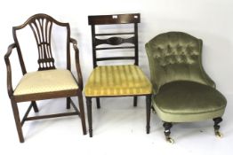 A 19th century mahogany upholstered elbow chair., A nursing chair and one other chair.