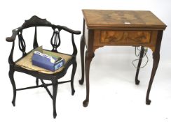 An Art Deco cased sewing machine table and an Edwardian corner chair with lyre splats.