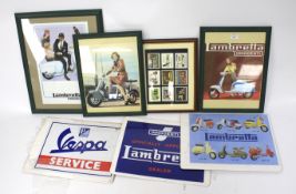 A collection of vintage Lambretta and Vespa related pictures and reproduction signs.