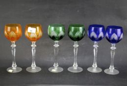 A set of six Bohemian wine glasses.