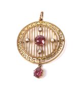 An Edwardian gold, pink tourmaline and seed-pearl pendant.