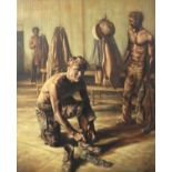 Stuart Brownson (Australian, 20th Century), Miners in Changing Room, oil on board.