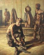 Stuart Brownson (Australian, 20th Century), Miners in Changing Room, oil on board.