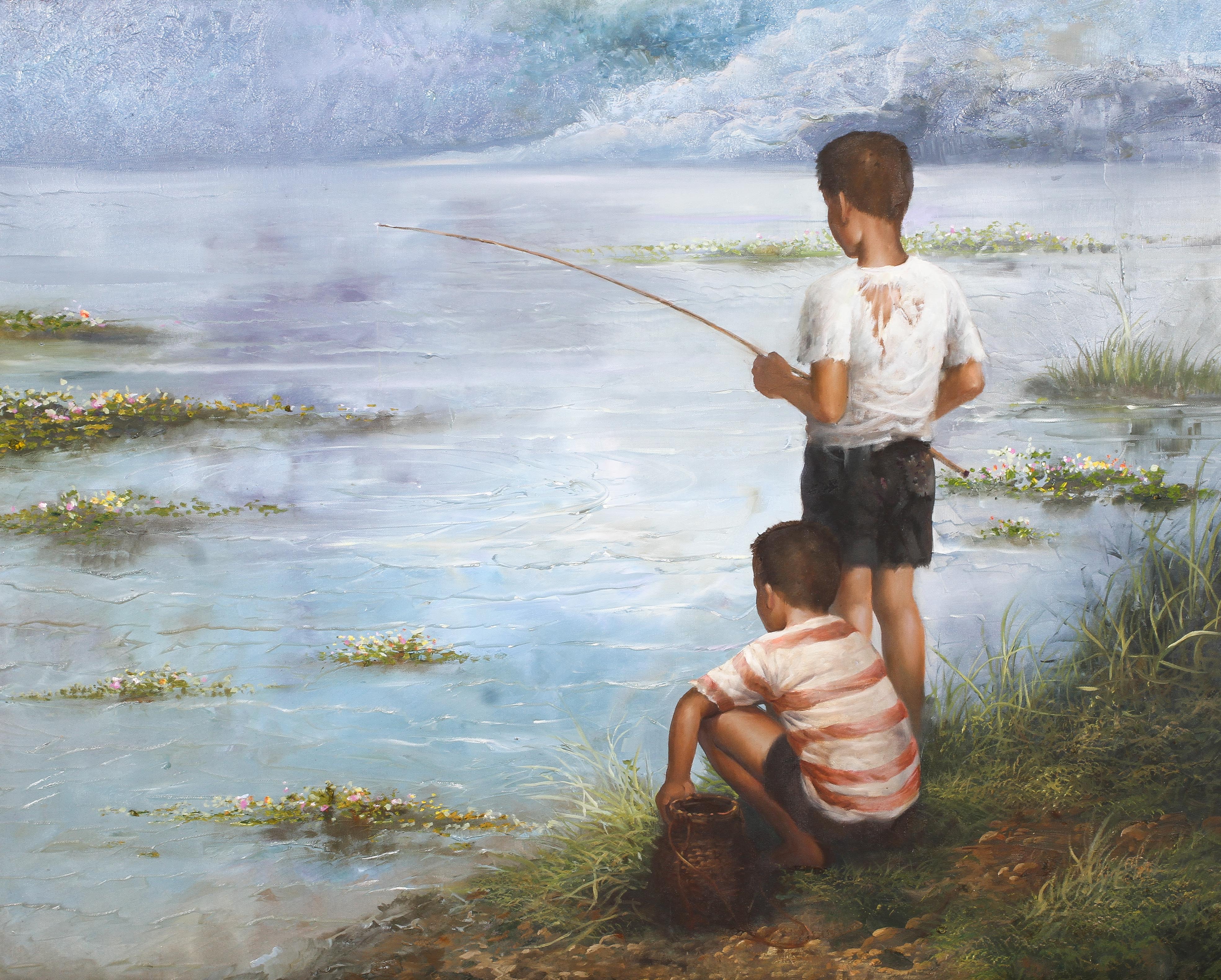 21st Century School, Boys Fishing, oil on canvas. Indistinctly signed Pra.. - Image 4 of 4