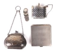 A silver cigarette case, a mustard pot and a coin purse.