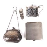 A silver cigarette case, a mustard pot and a coin purse.