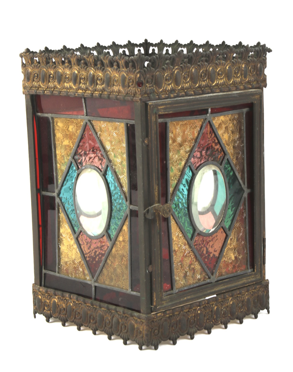 A Victorian stained glass and gilt-metal mounted glass pendant hall lantern.