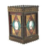 A Victorian stained glass and gilt-metal mounted glass pendant hall lantern.