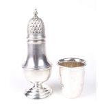 A contemporary silver sugar sifter and a Dutch silver beaker.