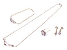 A group of vintage 9ct gold, ruby and diamond jewellery comprising a necklace, bracelet,