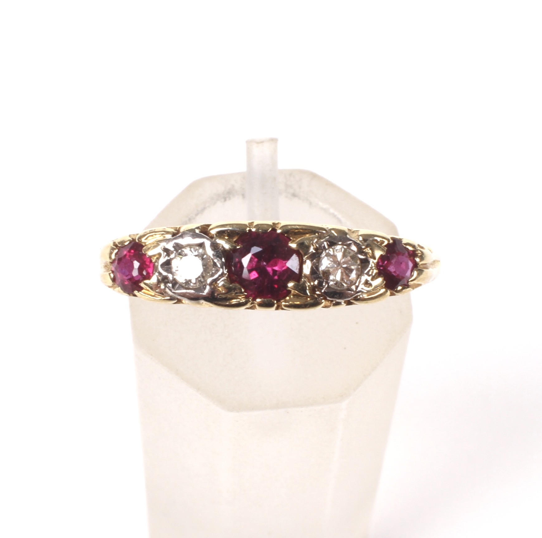 A vintage ruby and diamond five stone carved half-hoop ring, - Image 2 of 4