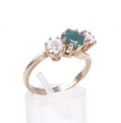 A 9ct gold, chrysoprase and synthetic-spinel three stone ring.
