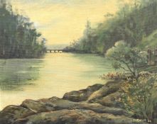L Barham (Australian, 20th Century), River Landscape, oil on board.