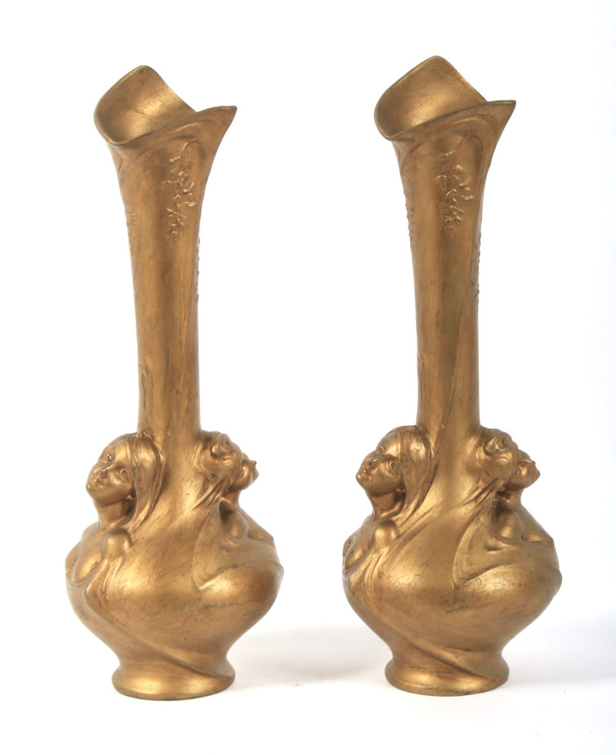 A pair of gilt metal Art Nouveau vases modelled by Helene Sibeud. - Image 4 of 6