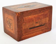 A Victorian Tunbridge Ware moneybox.