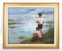 21st Century School, Boys Fishing, oil on canvas. Indistinctly signed Pra..