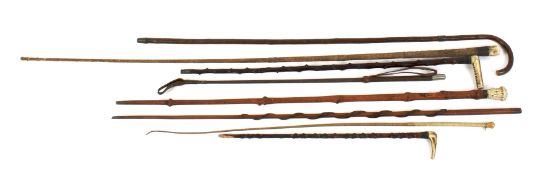 A collection of 19th century and early 20th century riding whips and walking canes.