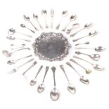 An assortment of silver teaspoons & silver plated tableware.