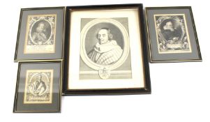 A collection of framed 18th century engraved portraits.