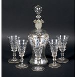 Five early 19th century ale glasses and a decanter.