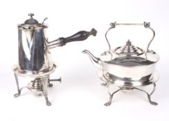 A late 19th century silver plated kettle on stand and a Christofle chocolate pot on a stand.